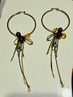 Guess : Gold Hoop Dangle Earrings with Multicolor Beads and Chain Drops